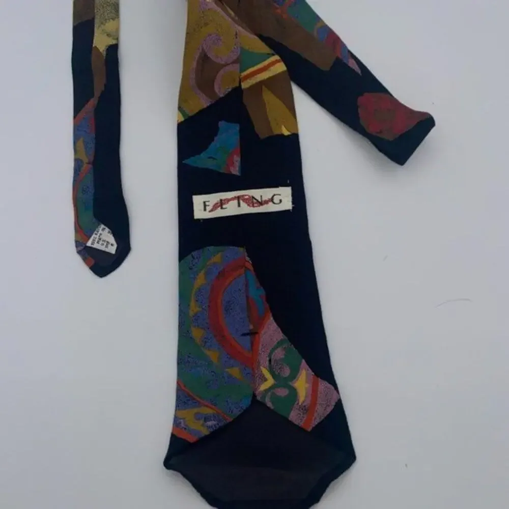 Fling Vintage Black Abstract Multicolored Print Men's Tie 100% Rayon